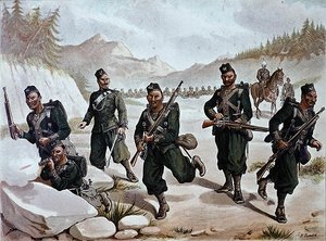3. Gurkhas Skirmishing, Anglo-indická armáda z 80. let 19. století (barevné lito)