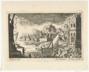 Panoráma města s rybářským přístavem a kotvící lodí Cityscapes and Harbours (název série) od Richard Adam