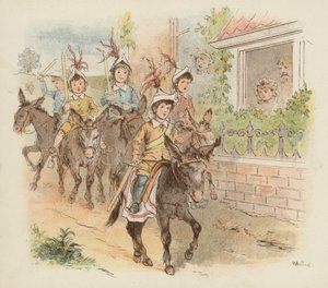 Děti na oslech si hrají na válku (barva litho)