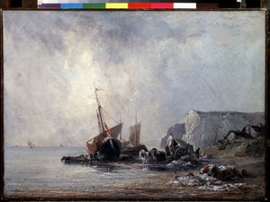 "Lodě na pobřeží Normandie"" (Lodě na pobřeží Normandie) Obraz Richarda Parkese Boningtona (1802-1828) 1823-1824 Rozměr. 33x46 cm Petrohrad, Ermitážní muzeum