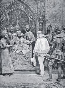 Akbar Veliký přijímá velvyslance královny Alžběty v roce 1599 (litho)