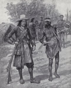 William Dampier s domorodým mužem během jeho průzkumu Austrálie, konec 17. století (litho)