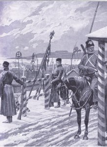Kozácká stanice v Mandžusku s kmenovými znaky nad pánskými chýšemi, ilustrace z Cassells Historie rusko-japonské války Vol 1, kolem roku 1900