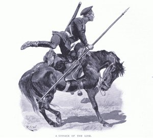 Kozák z linie, ilustrace z Cassells Historie rusko-japonské války Vol 1, kolem roku 1900