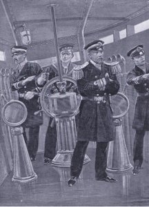 Admirál Togo na velitelské věži své vlajkové lodi řídí námořní akci, ilustrace z knihy Cassells History of the Russo-Japanese War Vol. 1, cca 1900. od Richard Caton Woodville