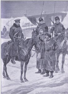 Zatčení japonských špionů objevených jako kuli, ilustrace z Cassells Historie rusko-japonské války Vol 1, kolem roku 1900 od Richard Caton Woodville