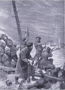 Útok na železnici od Chunchusů, ilustrace z Cassells Historie rusko-japonské války Vol 1, kolem roku 1900 od Richard Caton Woodville