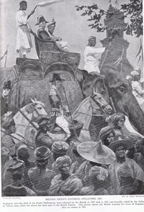 Britští vojáci vstupující do Singapuru, 1824, ilustrace z „Hutchinsonova příběhu britského národa“