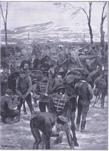 Japonský jezdecký tábor v Soulu: Podkováři v práci, ilustrace z Cassells Historie rusko-japonské války Vol 1, kolem roku 1900 od Richard Caton Woodville
