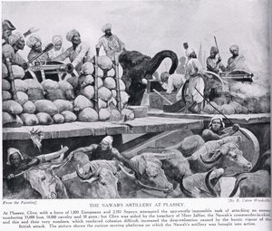 Nawabovo dělostřelectvo v Plassey, ilustrace z „Hutchinsonova příběhu britského národa“, kolem roku 1923