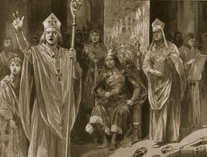 Řeč Huberta Waltera, arcibiskupa z Canterbury, při korunovaci Jana, na Den Nanebevstoupení Páně, 27. května 1199, z „The Illustrated London News“, 1902 od Richard Caton Woodville