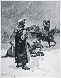 Turkicko-baškirští kozáci lučištníci pronásledovali a pronásledovali ústup Napoleonovy armády z Ruska v roce 1812 (barva litho)