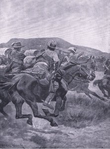 Yeomanry útočící na zadní voj a transport De Wets, z After Pretoria: The Guerilla War vydané nakladatelstvím Harmsworth Bros Limited, 1901 od Richard Caton Woodville