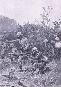 Postup britských sil v kampani Ashanti z roku 1873, ilustrace z britských bitev na zemi a na moři, 1915 od Richard Caton Woodville junior