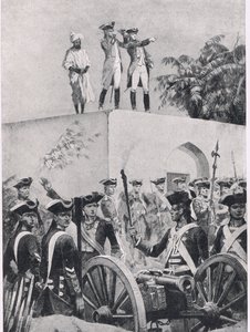 Bitva u Plassey, 23. června 1757: Clive na střeše loveckého zámečku Nawab Surat-ud-Daulah, ilustrace z britských bitev na souši a na moři, 1915
