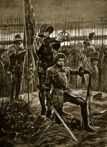 Jindřich VII. korunován v Bosworthu, ilustrace z „Hutchinsonova příběhu britského národa“, kolem roku 1923 od Richard Caton Woodville junior