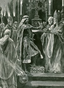 Richard I. předává korunu arcibiskupovi před aktem korunovace od Richard Caton Woodville junior
