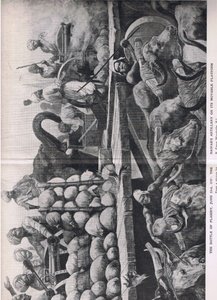 Bitva o Plassey 23. června 1757: Nawabské dělostřelectvo na své pohyblivé platformě, ilustrace z britských bitev na souši a na moři, 1915 od Richard Caton Woodville junior