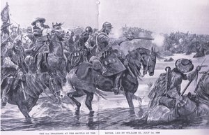 Bitva u Boyne 1. července 1690, ilustrace z britských bitev na souši a na moři, 1915