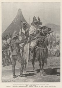 The Hostilities in Nigeria, britský expediční důstojník vyslýchající náčelníka