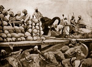Nawabovo dělostřelectvo v Plassey, ilustrace z „Hutchinsonova příběhu britského národa“, kolem roku 1923 od Richard Caton Woodville junior