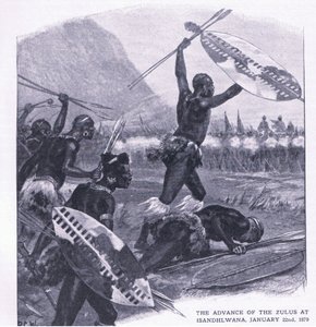 Postup Zulů u Isandhlwany 22. ledna 1879, ilustrace z knihy Britské bitvy na souši a na moři , 1915