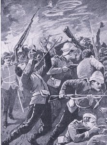 Obrana Rorkes Drift, ilustrace z knihy Britské bitvy na souši a na moři , 1915 od Richard Caton Woodville junior