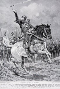 První útok v Hastings: Taillefer, žonglér s mečem, vyjel z řady, zpíval a házel mečem do vzduchu, 1066, ilustrace z „Hutchinsonova příběhu britského národa“, c.1