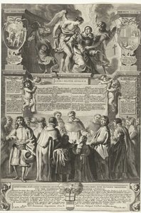 Instelling van de broederschap Militia Angelica od Tomáše Akvinského, 1649 Původ Andělské milice, božský Tomáš Akvinský; pod jeho nebeským pásem cudnosti, ustanoven (titul na předmětu) od Richard Collin