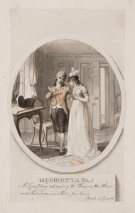 Pan Courtney ukazuje Henriettě miniaturní obrázek jejich matky, kniha 5, kapitola 4, ilustrace k vydání knihy "Henrietta" od Charlotte Lennoxové z roku 1798, asi 1798 (tužka a čb na papíře)
