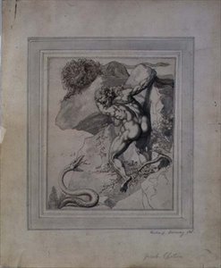 Muž uvězněný mezi lvem a hadem, cca 1790 (pero a hnědý inkoust, šedá barva na papíře) od Richard Cosway