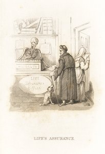 Kostra smrti v pojišťovně. ,1827 (rytina)