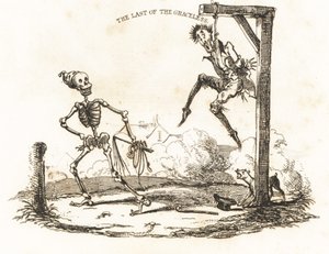Viněta kostry a muže visícího na šibenici.,1827 (rytina)