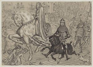 Černý princ Eduard se svým vězněm, francouzským králem Janem, vjíždí do Londýna (akvatinta) od Richard Doyle
