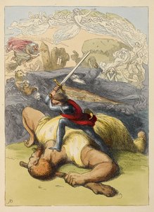 Jack stojí na těle obra se zdviženým mečem. Barevné ilustrace v dětské knize. od Richard Doyle