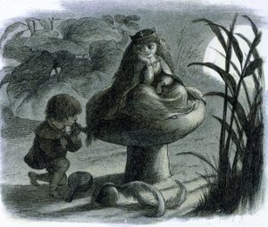 Vodní víle sedící na houbě se dvoří milenec. Ve „Světu víl““ od Richarda Doyla od Richard Doyle
