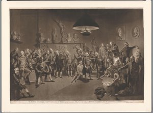 Členové Královské akademie v interiéru s nahým mužským modelem, 1768 Královská akademie umění, zřízená králem, v roce 1768 (název na předmětu)