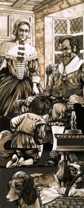 Chlapec ze 17. století klečí před svým otcem v pokání (kvaš na papíře) od Richard Hook