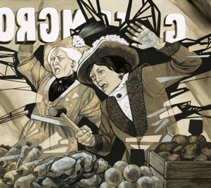 Neidentifikovaná scéna s rozzlobenými ženami útočícími na zelený obchod s potravinami od Richard Hook