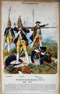 Pruské granátnické gardy a důstojníci v roce 1745, kolem roku 1890 (barevné lito) od Richard Knoetel