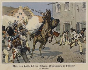 Smrt majora von Schilla v pouliční bitvě ve Stralsundu, 31. května 1809 (barevně lito)