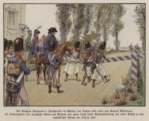 Francouzské jednotky pod velením generála Kellermanna překračují hranici na pruské území v Sickershausen, říjen 1805 (barevně lito)