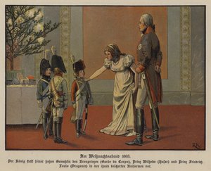 Král Frederick William III a královna Louise Pruská s korunním princem Frederick William, princ William a princ Frederick Louis oblečeni ve vojenských uniformách, Štědrý den
