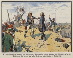 Pruský král Fridrich Vilém II objímající svého hrdinského syna, korunního prince Fridricha Viléma, na kopci Kostheim