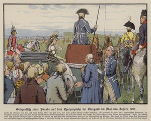 Pruská královna Louise na přehlídce na přehlídce ve Stargardu, květen 1798 (barevné lito)