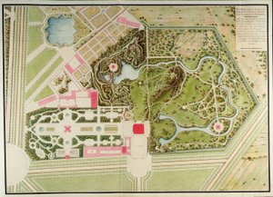 Plán francouzských a venkovských zahrad Petit-Trianonu s hmotami budovy, z Recueil des Plans du Petit Trianon od Richarda Miqueho