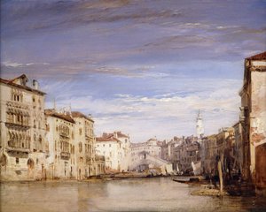 Pohled na Canal Grande v Benátkách z Palazzo Bernardo při pohledu na most Rialto, od Richard Parkes Bonington