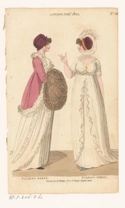 Časopis ženské módy Londýna a Paříže. č. 36. Londýn únor 1801: vycházkové šaty; Večerní róba