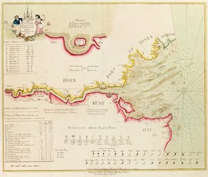 Mapa řeky Temže od Londýna po Nore, Margate a Downs, severní, střední a jižní kanál, z průzkumu provedeného v letech 1789 a 90 od Richard Stanier