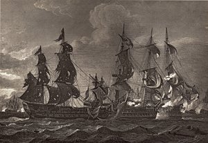 HMS Captain nalodění na San Nicholas a San Josef, ilustrace z „The Life of Nelson“ od Roberta Southeyho (1774-1843), poprvé publikovaná v roce 1813 od Richard Westall